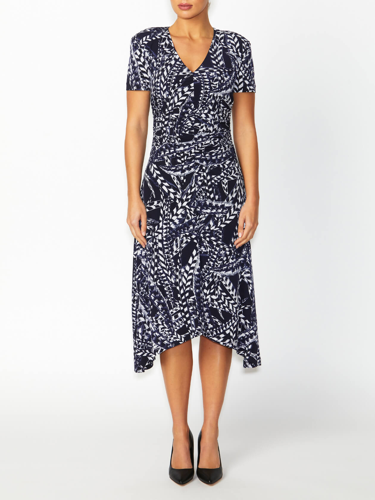 Women's Jersey Asymmetrical Midi Dress in Navy | Lucinda