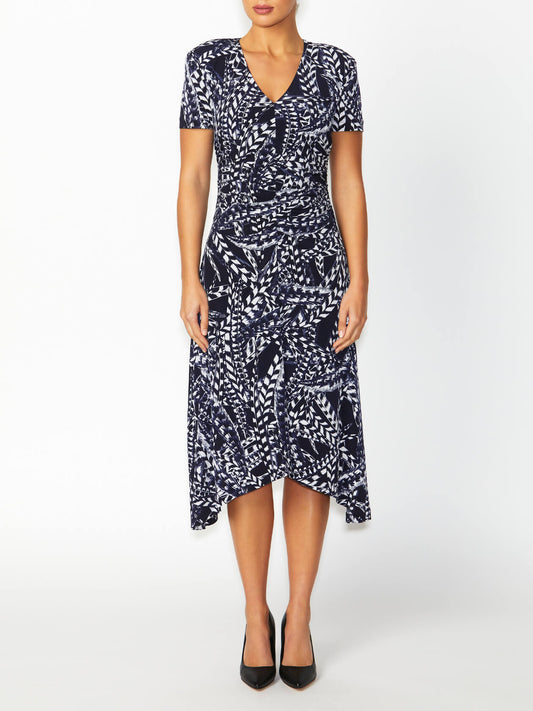 Women's Jersey Asymmetrical Midi Dress in Navy | Lucinda