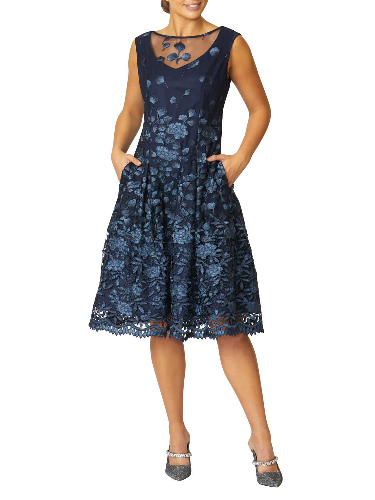 Women s Embroidered Mesh Fit Flare A Line Dress in Navy