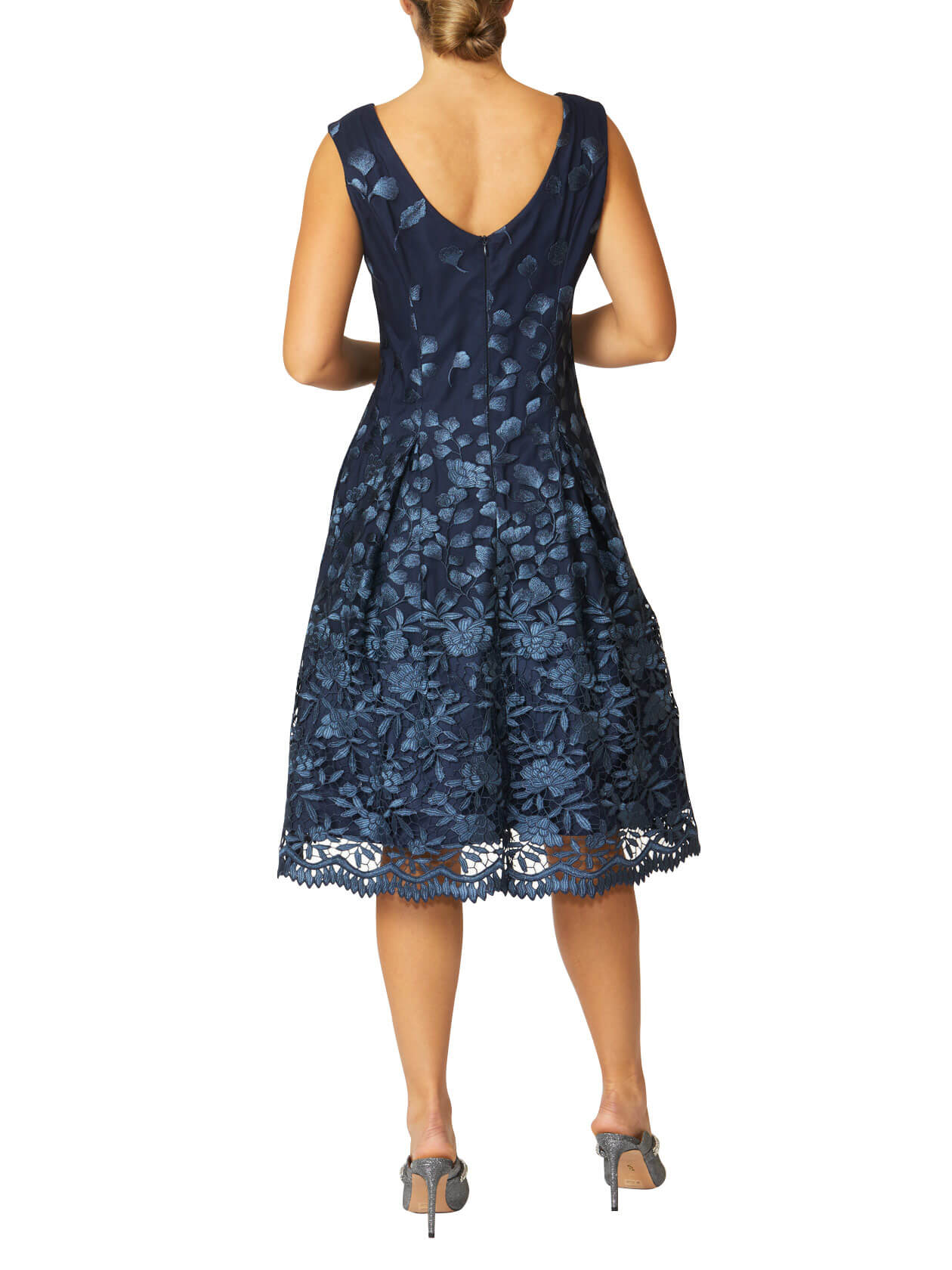 Women's Embroidered Mesh Fit & Flare A-Line Dress in Navy