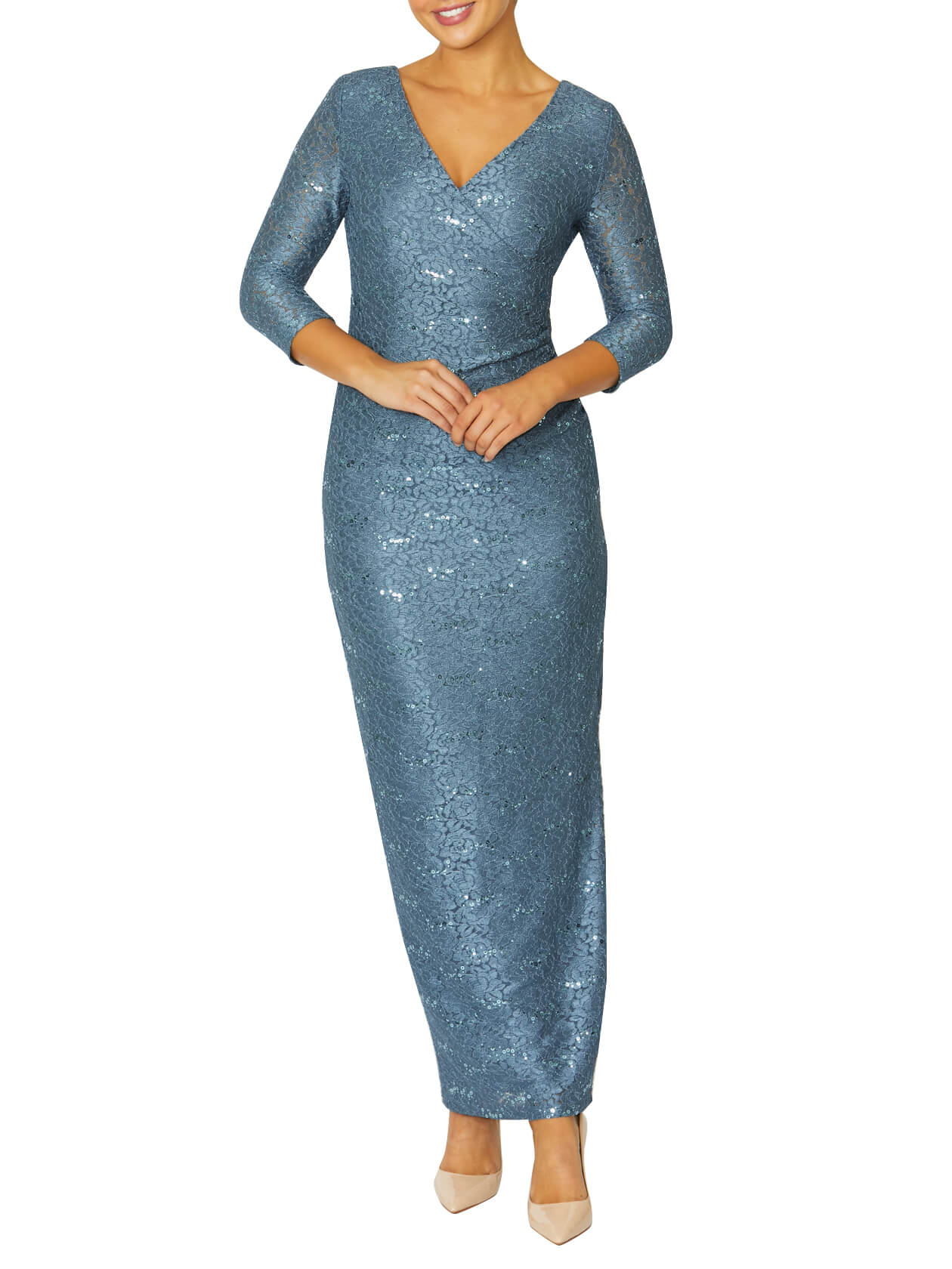 Aurelia Steel Blue Stretch Lace Gown