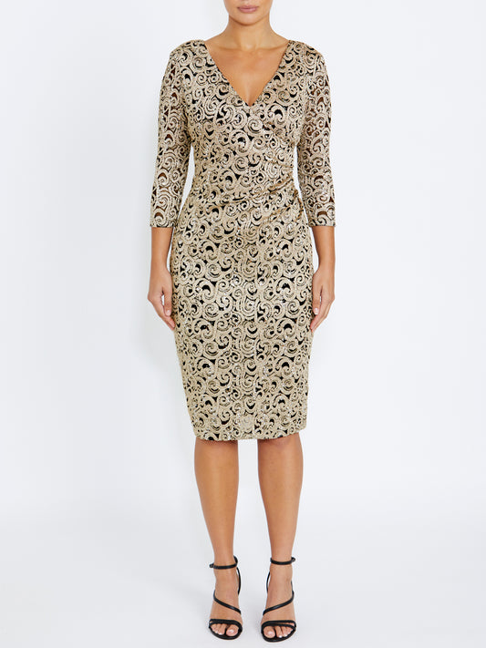 Aurelia Black and Gold Stretch Lace Dress