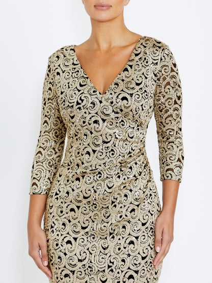 Aurelia Black and Gold Stretch Lace Dress