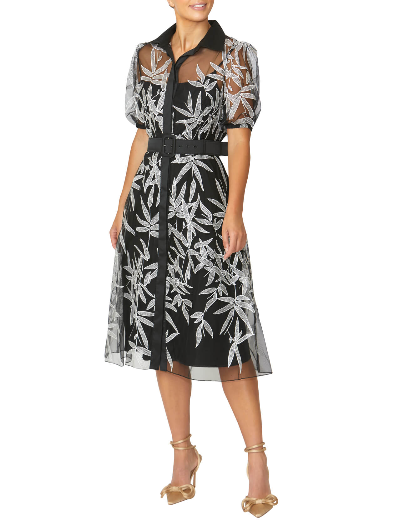 Women's Embroidered Mesh Fit and Flare Shirtdress Dress