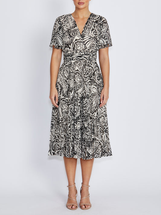 Zoey Black Ivory Paisley Pleated Dress