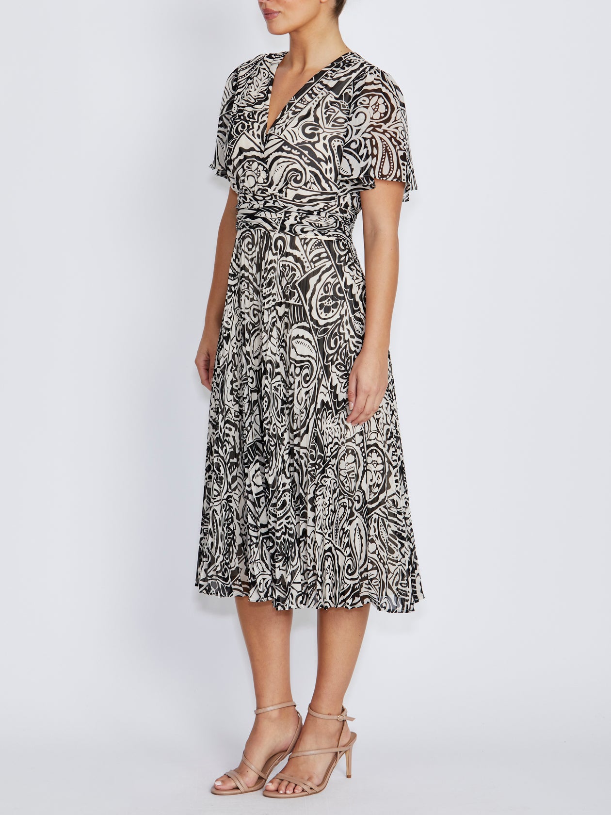 Zoey Black Ivory Paisley Pleated Dress