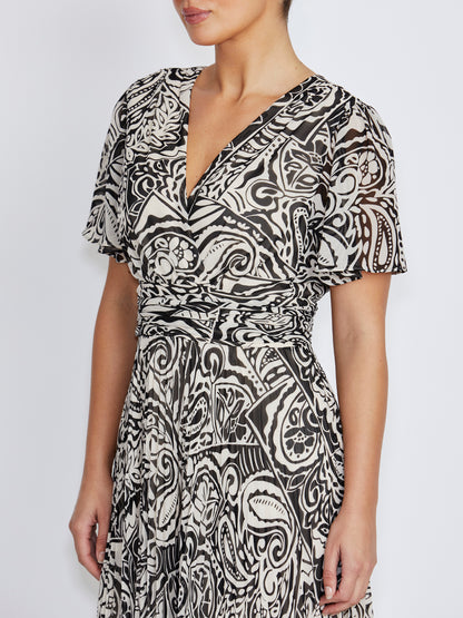 Zoey Black Ivory Paisley Pleated Dress