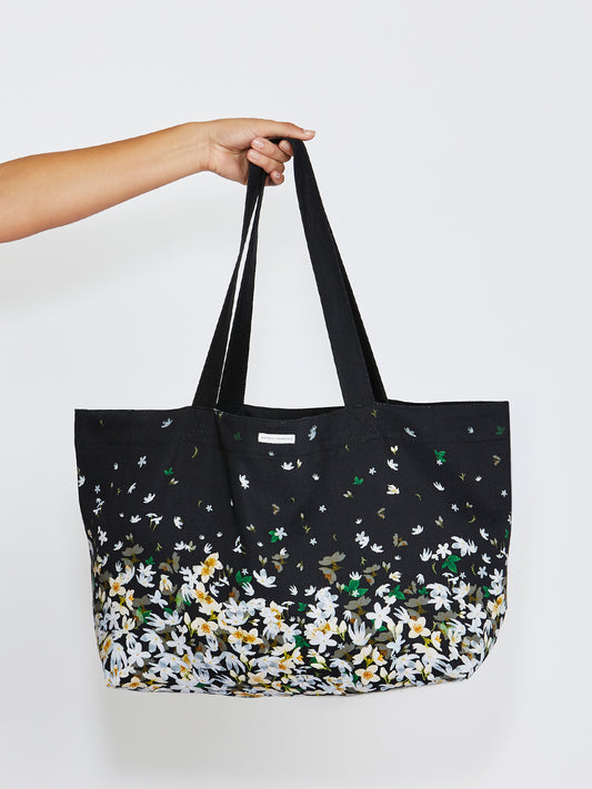 Black Floral Cotton Tote Bag