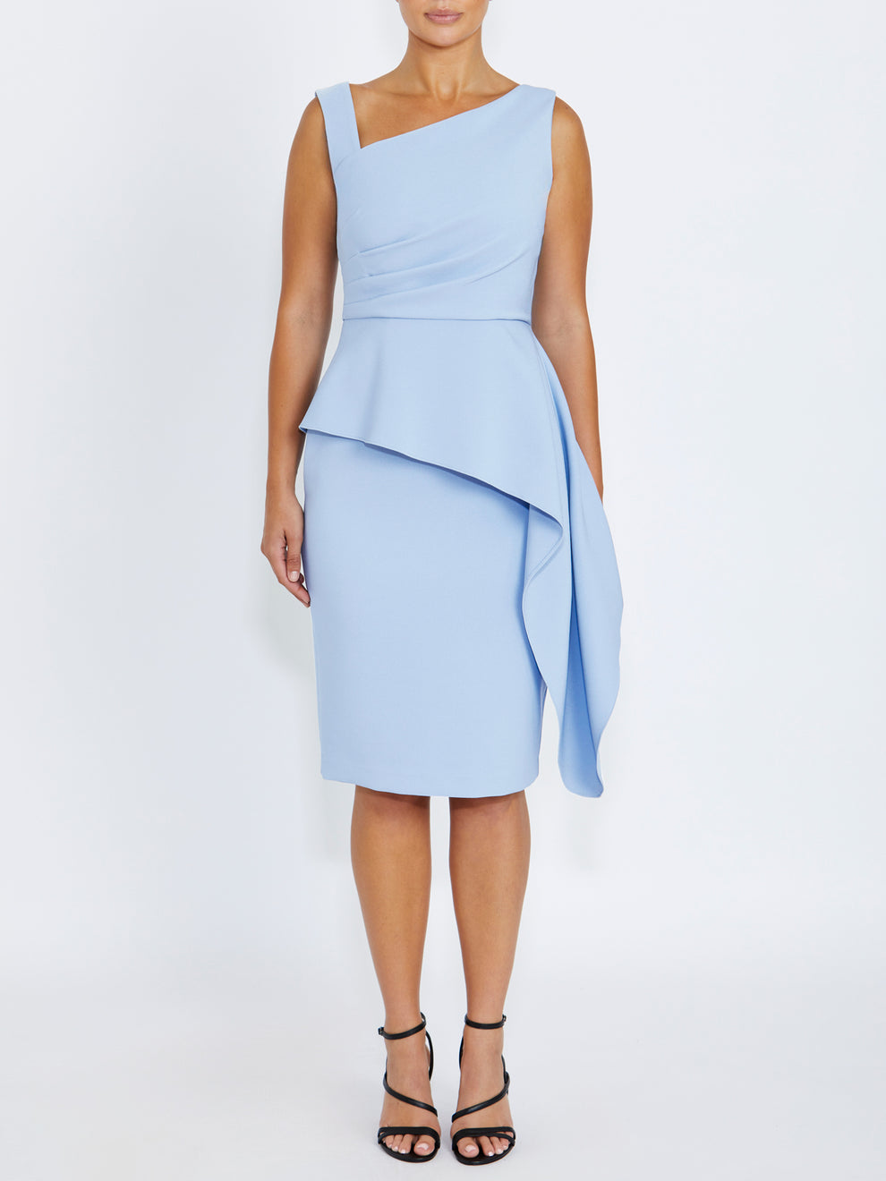 Crepe Formal Dress featuring Waterfall Ruffle Accent Ink Blue