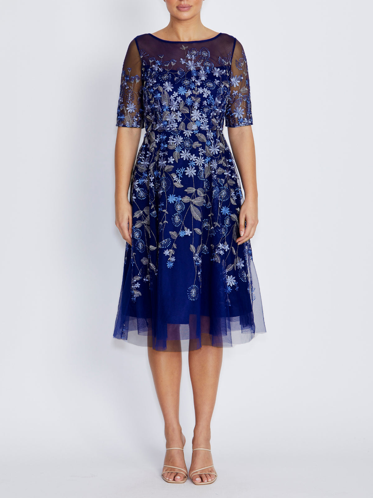 Catalina Blue Embroidered Mesh Aline Dress