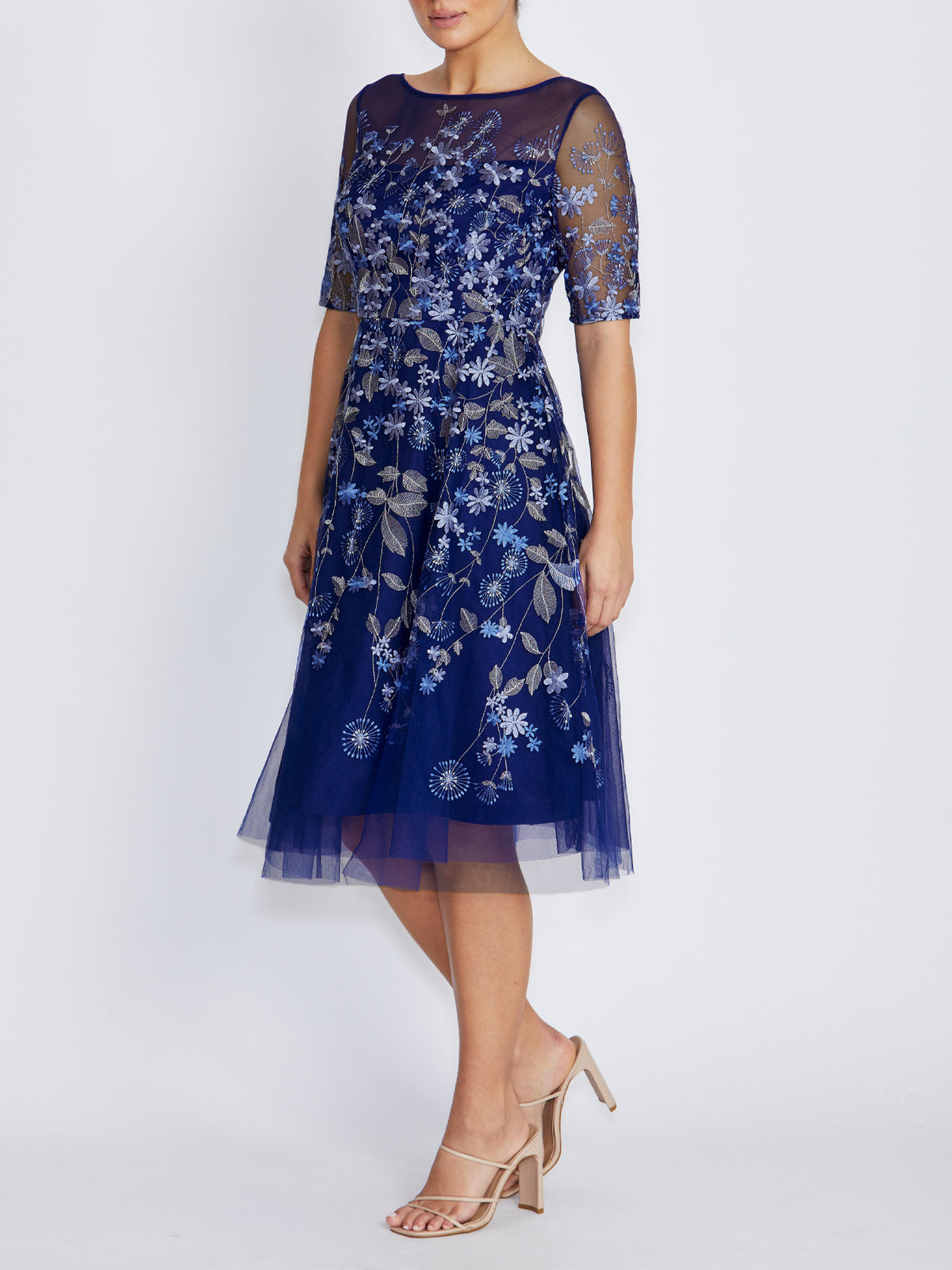 Catalina Blue Embroidered Mesh Aline Dress