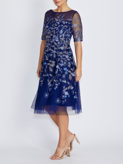Catalina Blue Embroidered Mesh Aline Dress