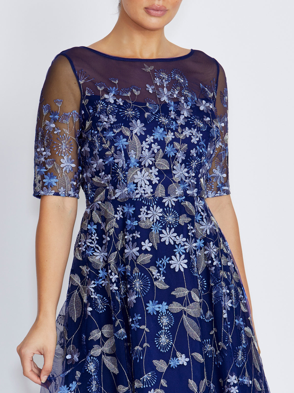Catalina Blue Embroidered Mesh Aline Dress