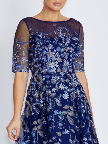 Catalina Blue Embroidered Mesh Aline Dress
