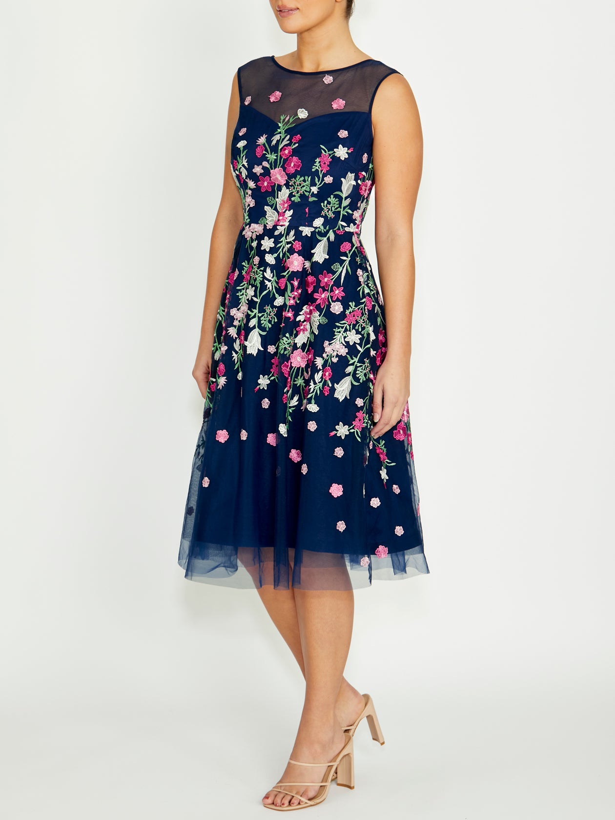 Women's Embroidered Midi Length Dress in Navy Pink | Catalina Women's Embroidered Midi Length Dress in Navy Pink | Catalina
