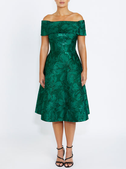 Women's Jacquard Midi Length Dress in Green | Addilyn
