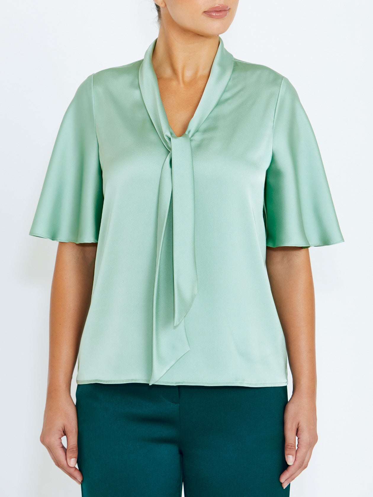 Women's Satin Bow Top in Green | Alannah