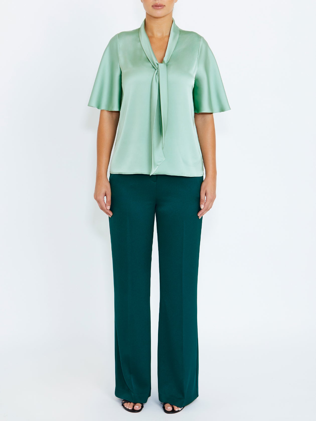 Women's Satin Bow Top in Green | Alannah
