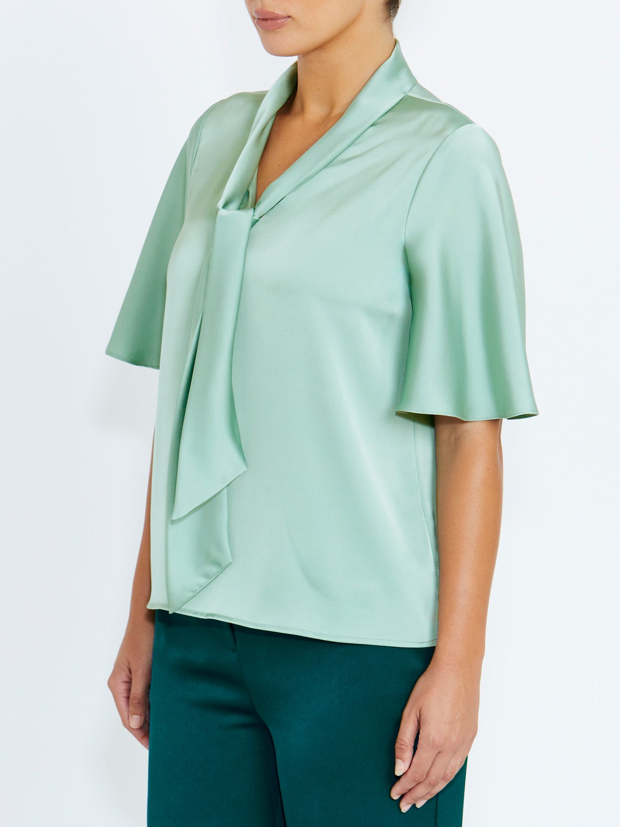 Women's Satin Bow Top in Green | Alannah