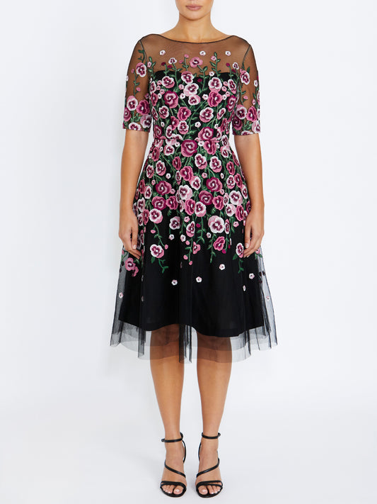 Women's Lace A-Line Midi Dress in Black, Pink and Green | Catalina