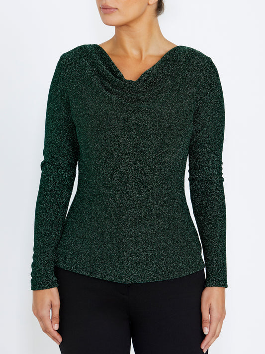 Women's Lurex Knit Cowl Neck Top in Green | Melody