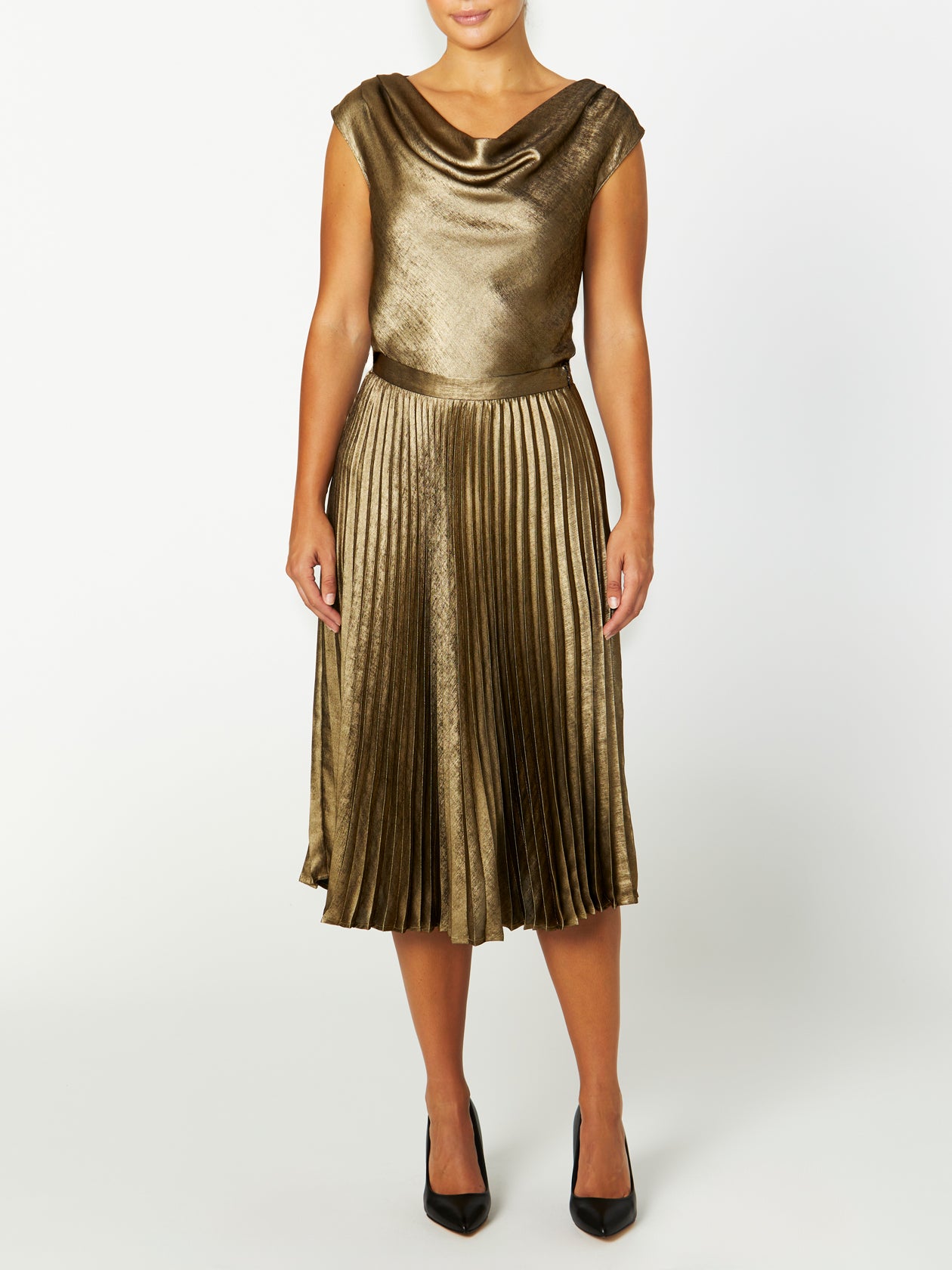 Women's Polyester Midi Length Skirt in Gold | Hadley