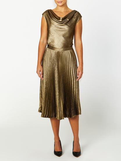 Women's Polyester Midi Length Skirt in Gold | Hadley