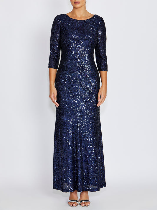 Claire Navy Stretch Sequin Gown