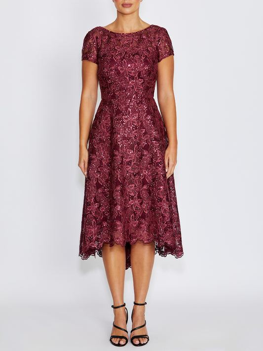 Stellar Wine Sequin Lace Dress