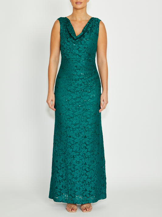 Women's Sequin Lace Cowl Neck Gown in Green | Elisa