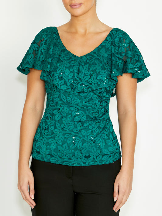 Women's Sequin Lace Ruffle Front Top in Green | Trudy