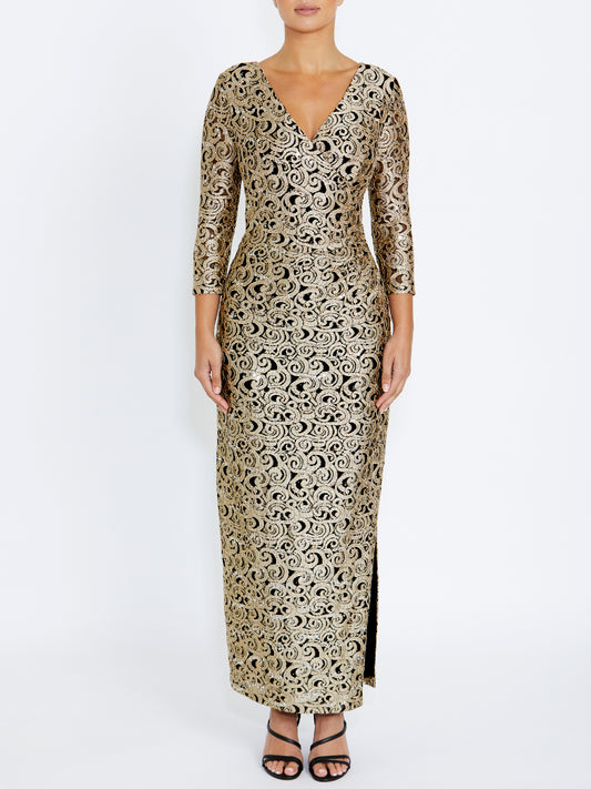 Aurelia Black and Gold Stretch Lace Gown