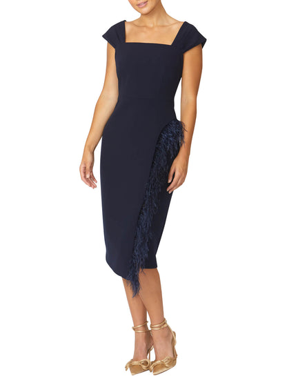 Women's Stretch Scuba Midi Shift Dress in Navy | Priscilla