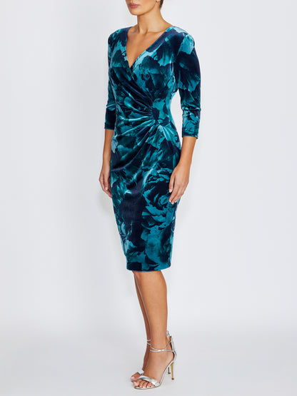 Nola Teal Rose Velour Dress