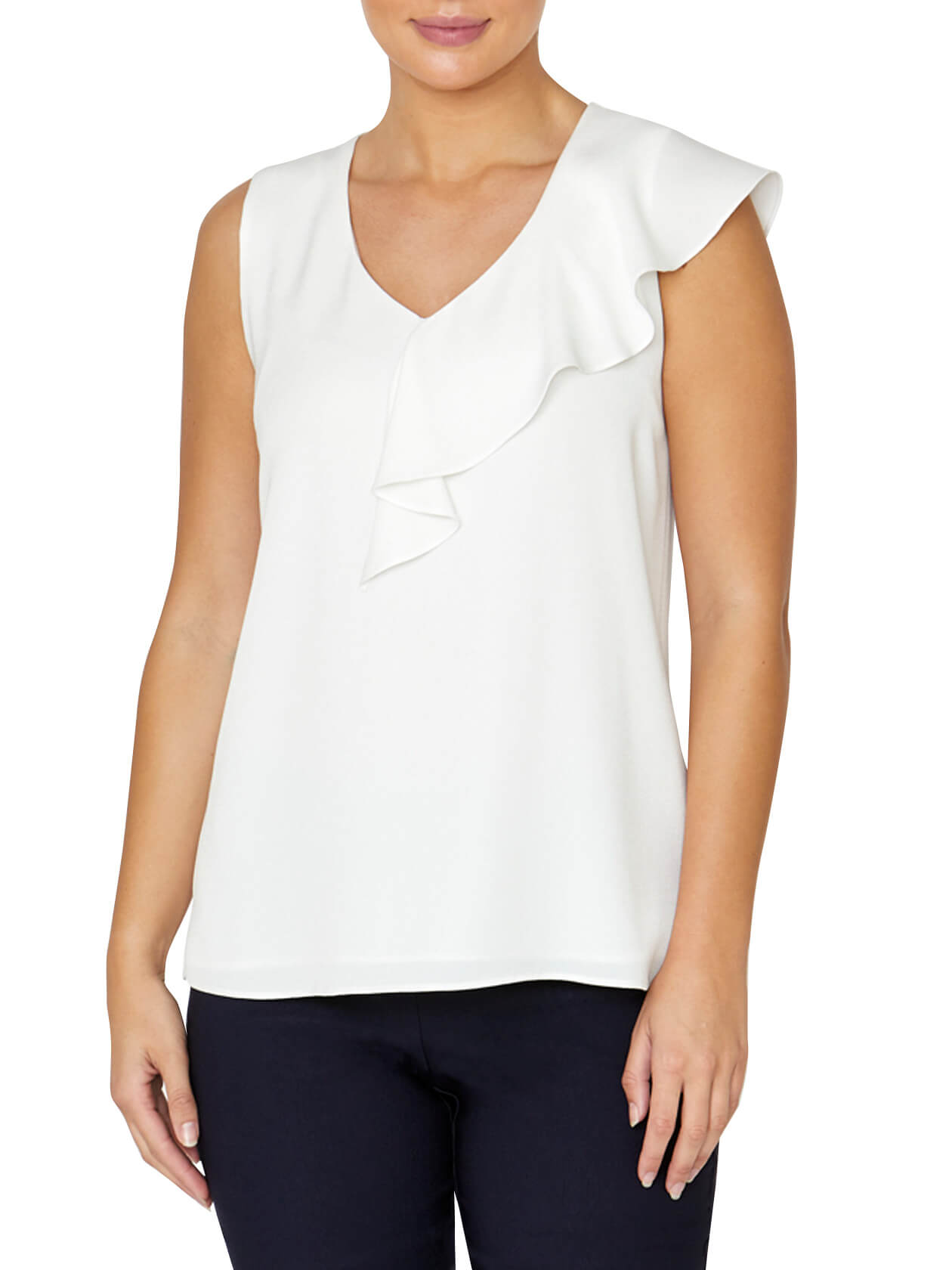 Vanessa Ivory Crepe Ruffle Front Top | Anthea Crawford